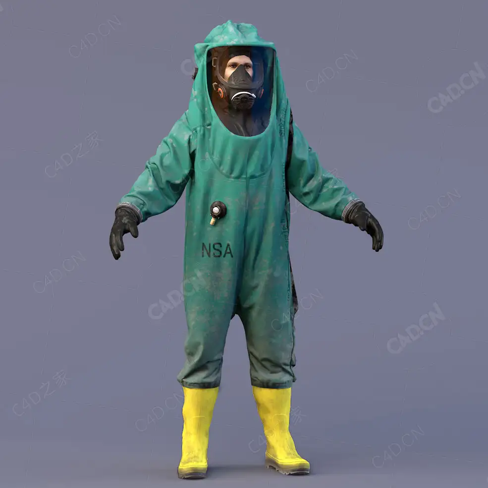 青绿色防化服装美国NSA防化兵战士C4D模型Characters Apose Rig