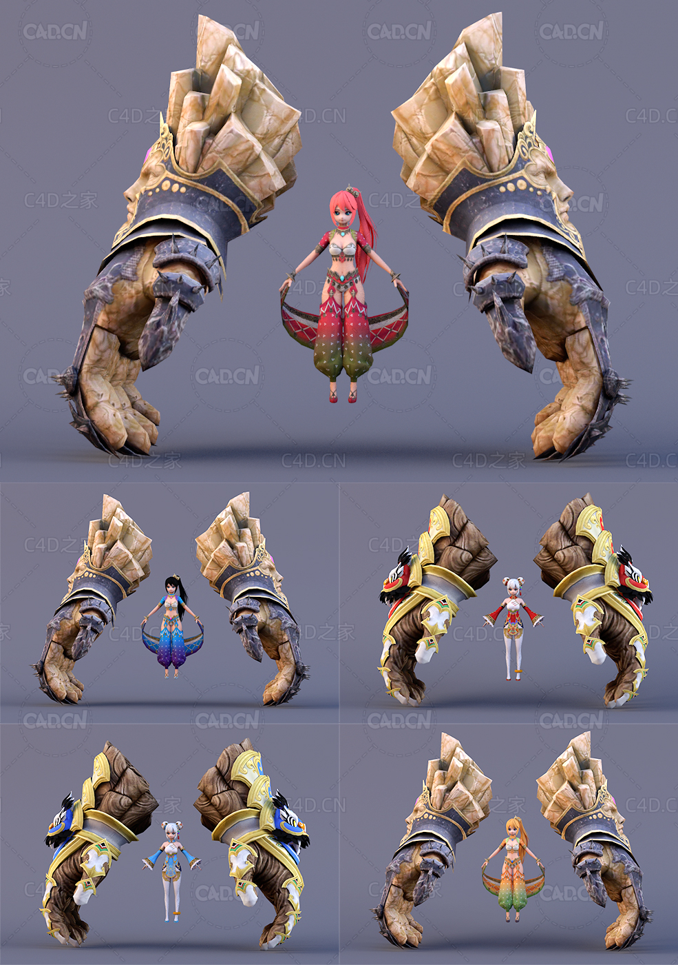 5个大手保护的动漫女孩卡通角色C4D模型Habub