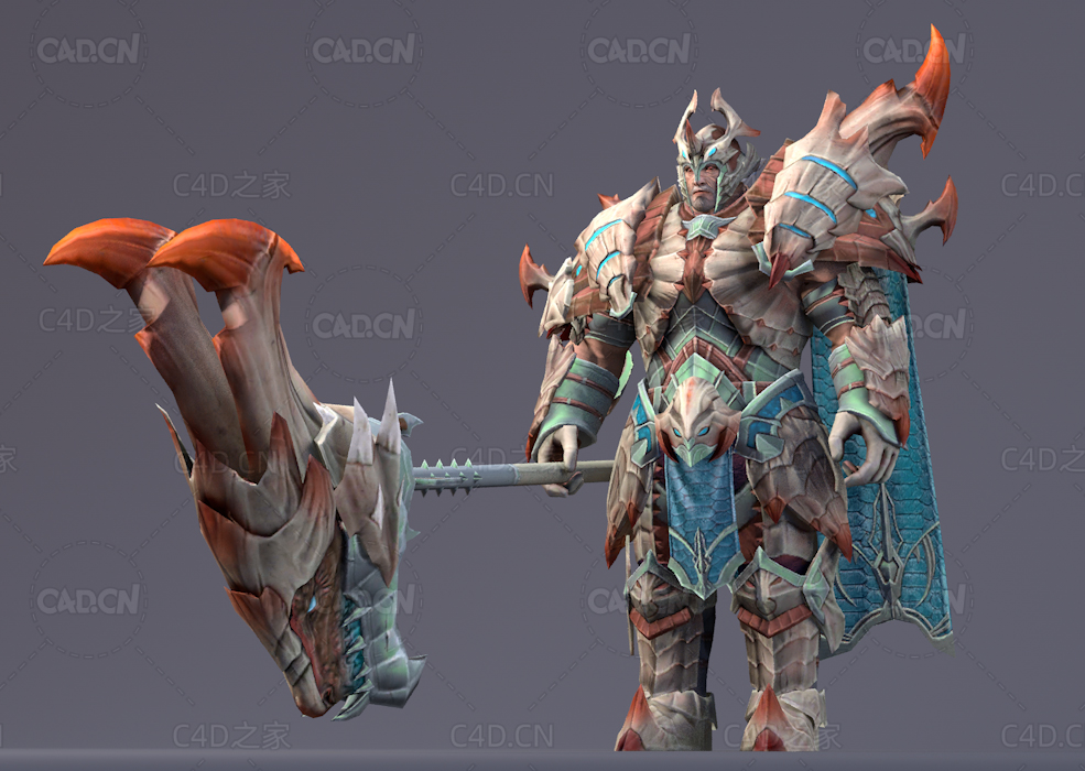 手拿魔龙头武器的铠甲战士游戏人物角色C4D模型Saion