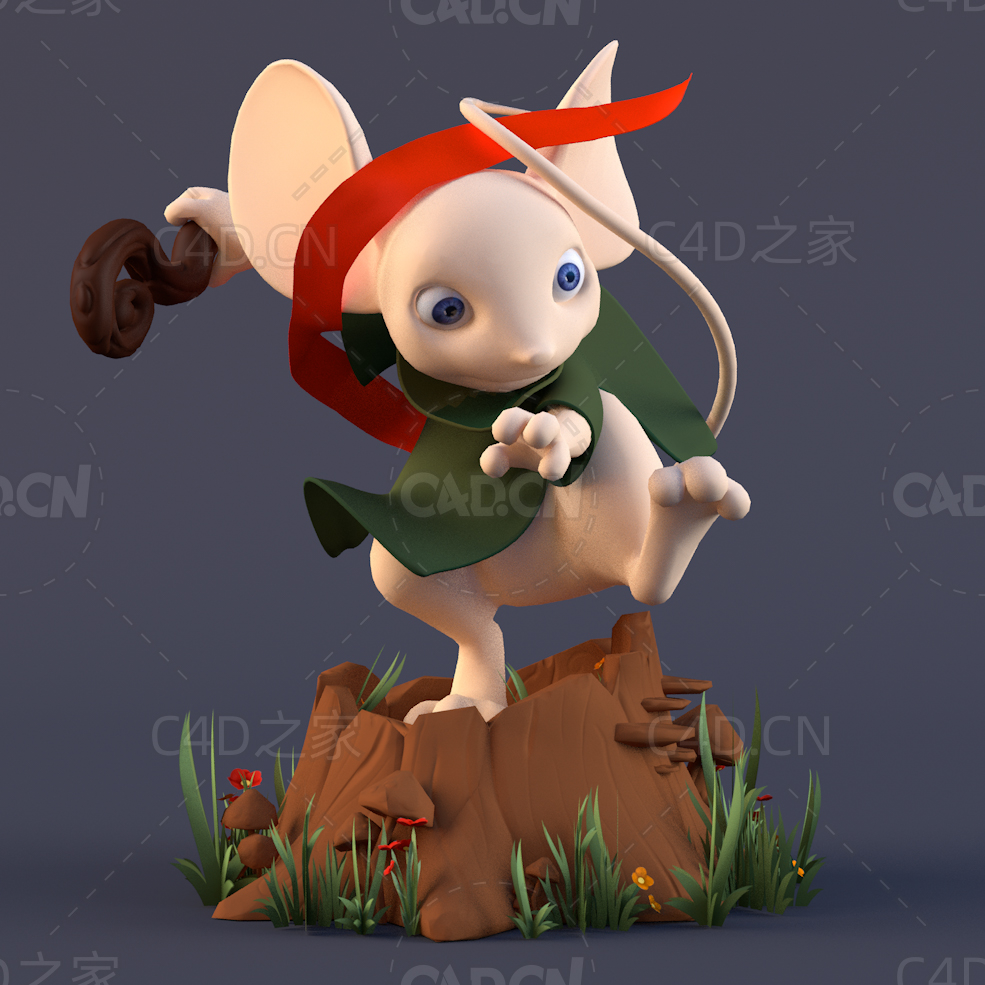树桩上拿拐杖的老鼠卡通角色C4D模型Tiny - C4D之家 - 05.jpg