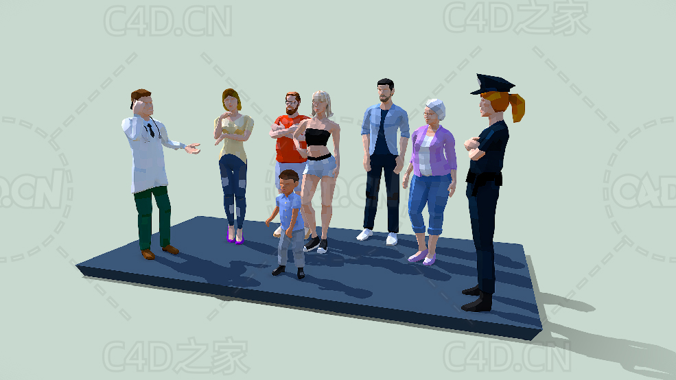 8个低面多边形卡通人物动画模型医生小孩警察男人女性people_freePack_webGl_ani - C4D之家 - 13.jpg