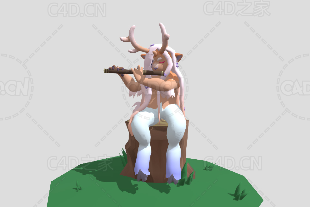 低面卡通树桩上坐着吹箫的小鹿姑娘角色模型 - C4D之家 - 11.jpg