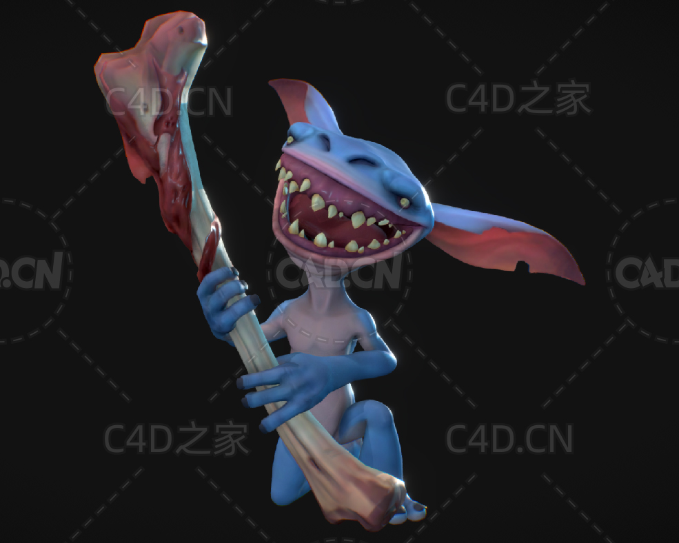 手拿骨头的蓝色大嘴地精卡通角色C4D模型goblin posed - C4D之家 - 17.jpg