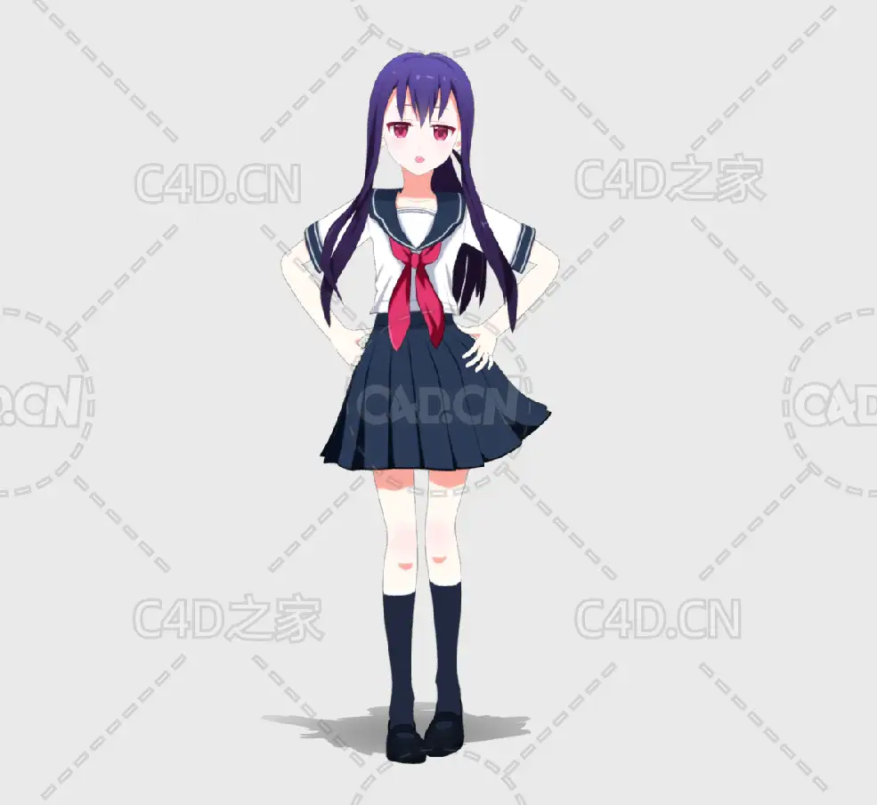 叉腰的学生装动漫女孩里香人物角色C4D模型Rika