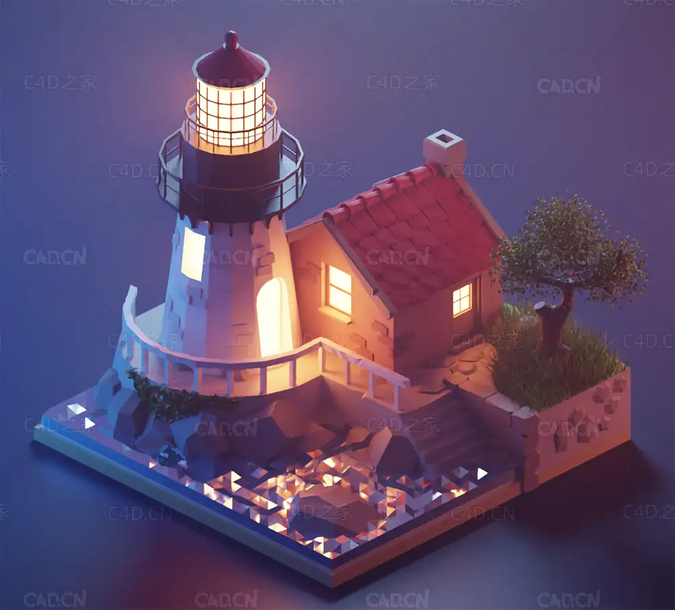 发光灯塔低面多边形房子建筑卡通C4D模型lighthouse