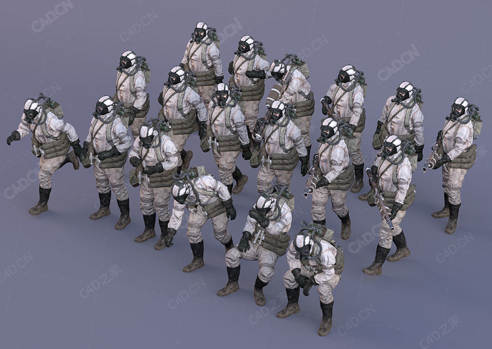 18个生化战士穿防化服救援人员防化兵战士C4D模型BakedPoses