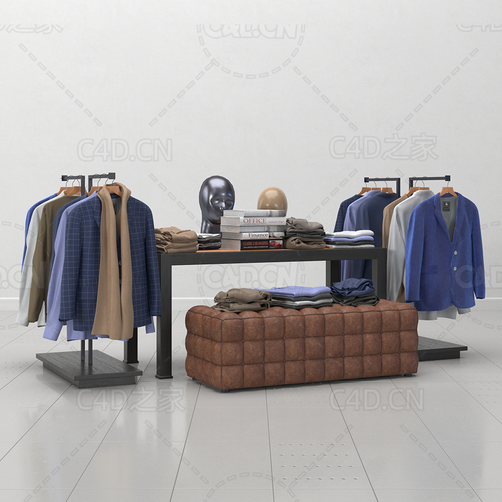 男装衣服专卖区西装裤子衣服架C4D模型