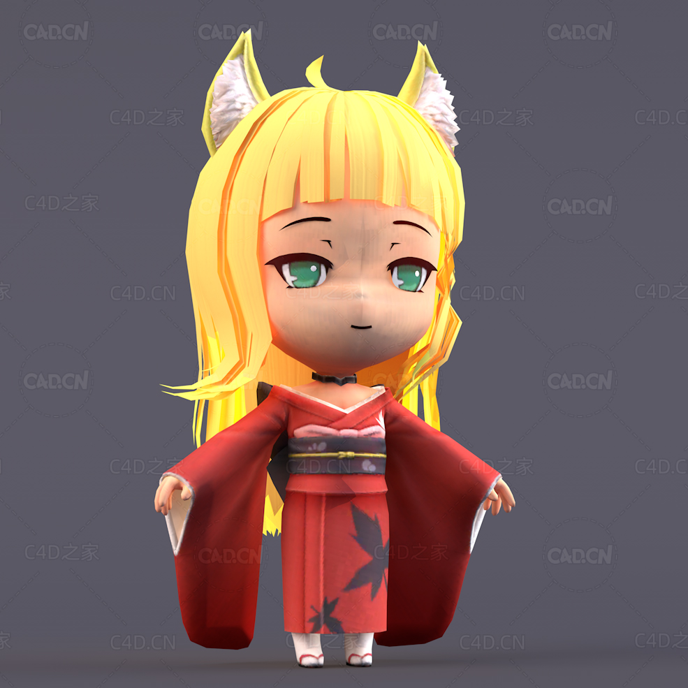 穿和服的动漫日系装卡通小女孩C4D角色模型Buddy Dungeon HaruHime