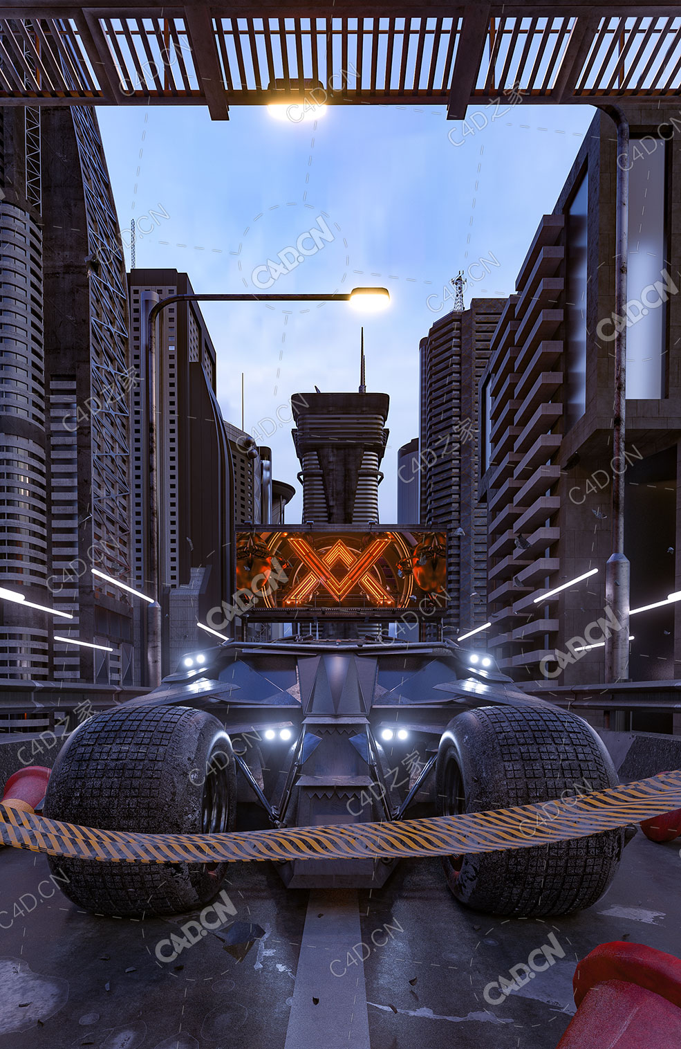 C4D OCTANE城市街区行驶的蝙蝠战车科幻场景模型