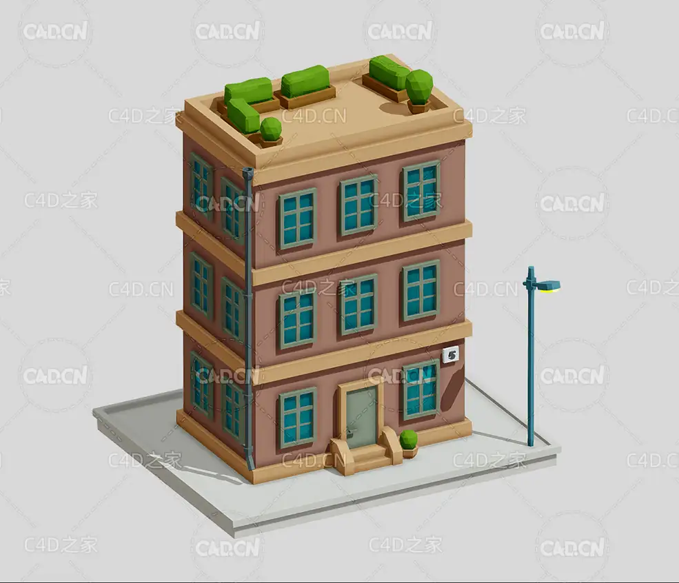 C4D低面多边形卡通房子建筑House