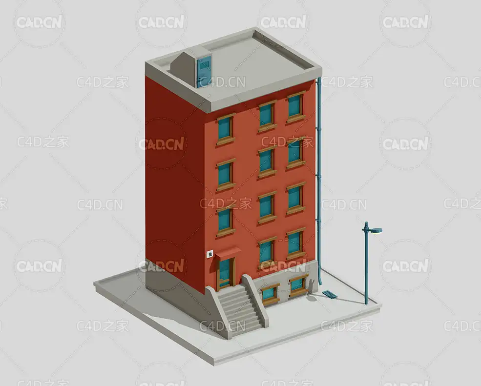 C4D四层住宅楼低面多边形卡通房子House