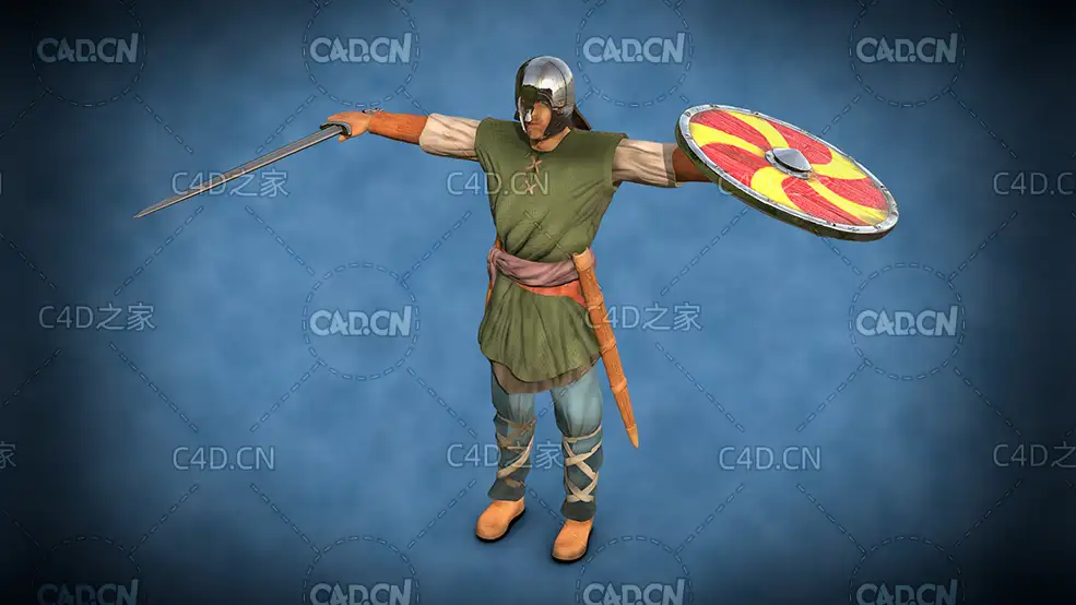 C4D头戴钢盔手拿盾牌宝剑的武士人物模型