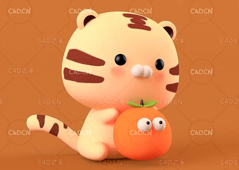 抱桔子的小老虎卡通角色模型tiger