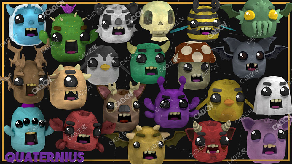 21个可爱的低面卡通动物头像动画C4D模型Cute Animated Monsters