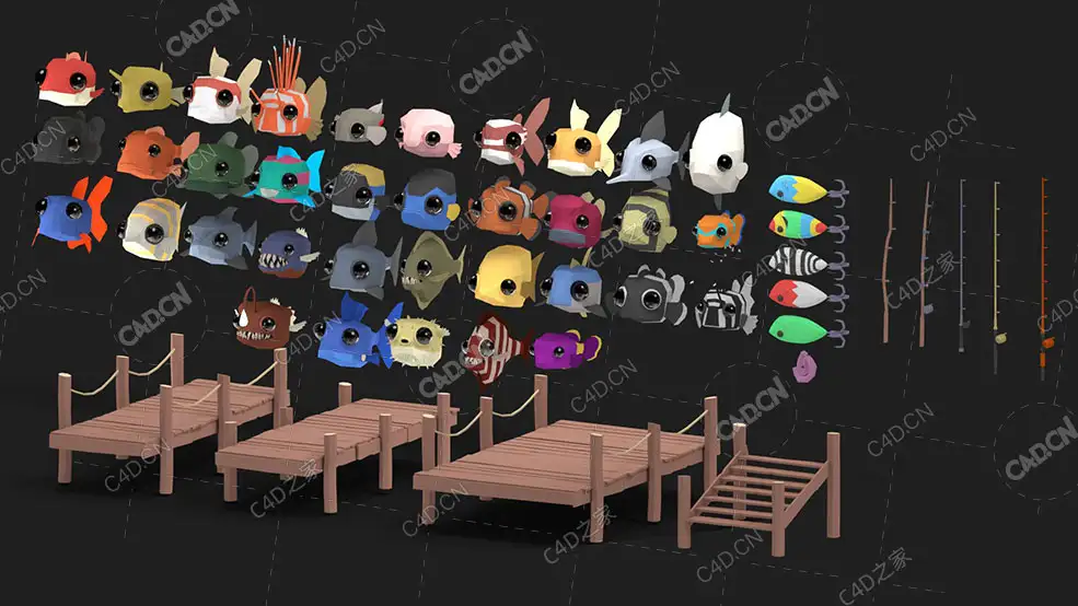 52个低面多边形海洋鱼类动画小木桥码头鱼杆模型合集Cute Fish Pack - C4D之家 - Preview.jpg