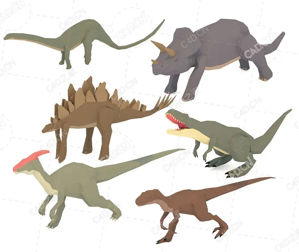 6只低面多边形卡通恐龙动画模型合集Dinosaur Animated Pack