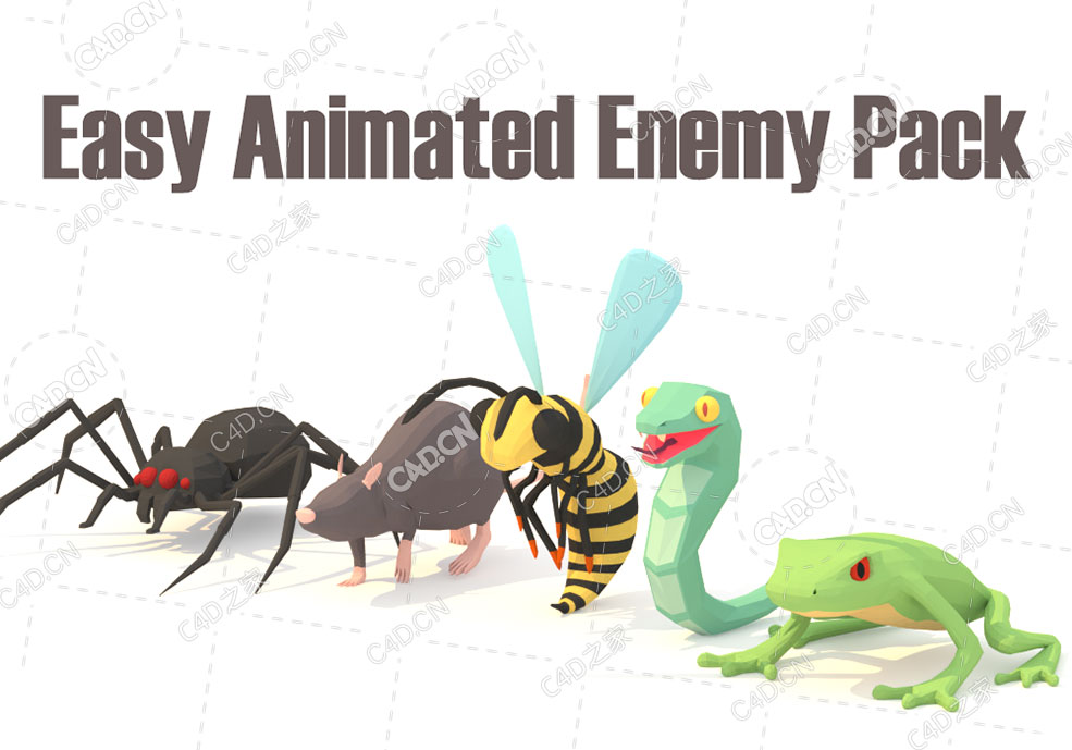 6个低面多边形卡通动物动画C4D模型Easy Animated Enemy Pack