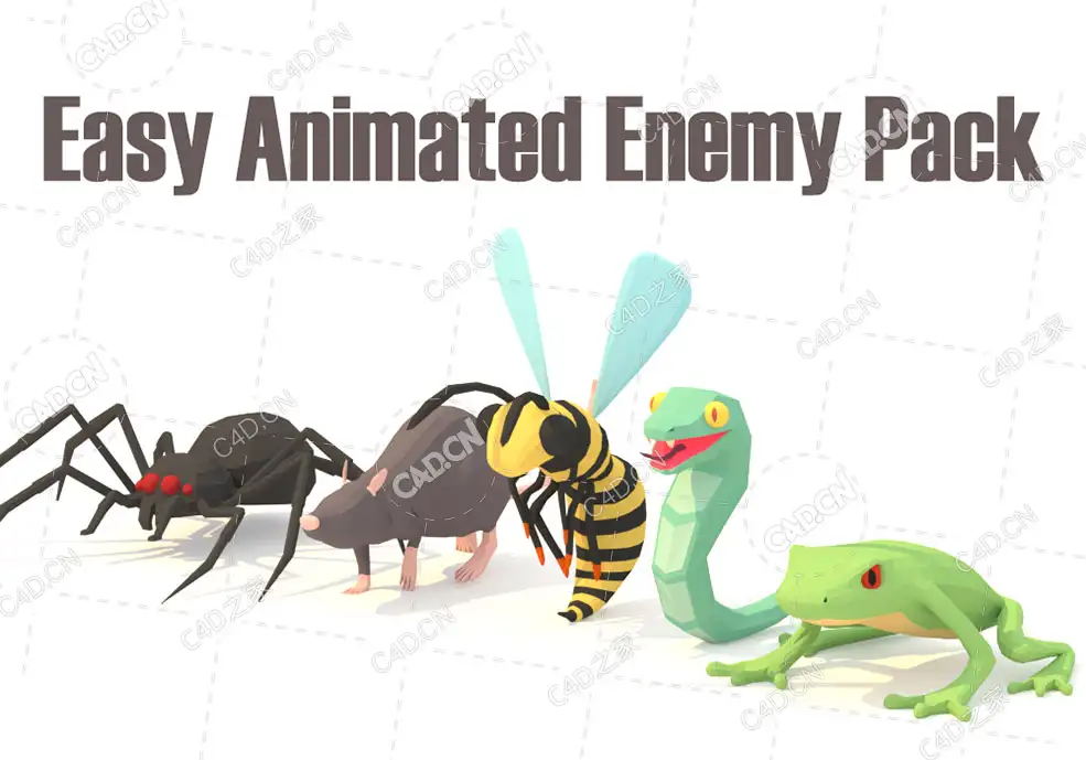6个低面多边形卡通动物动画C4D模型Easy Animated Enemy Pack