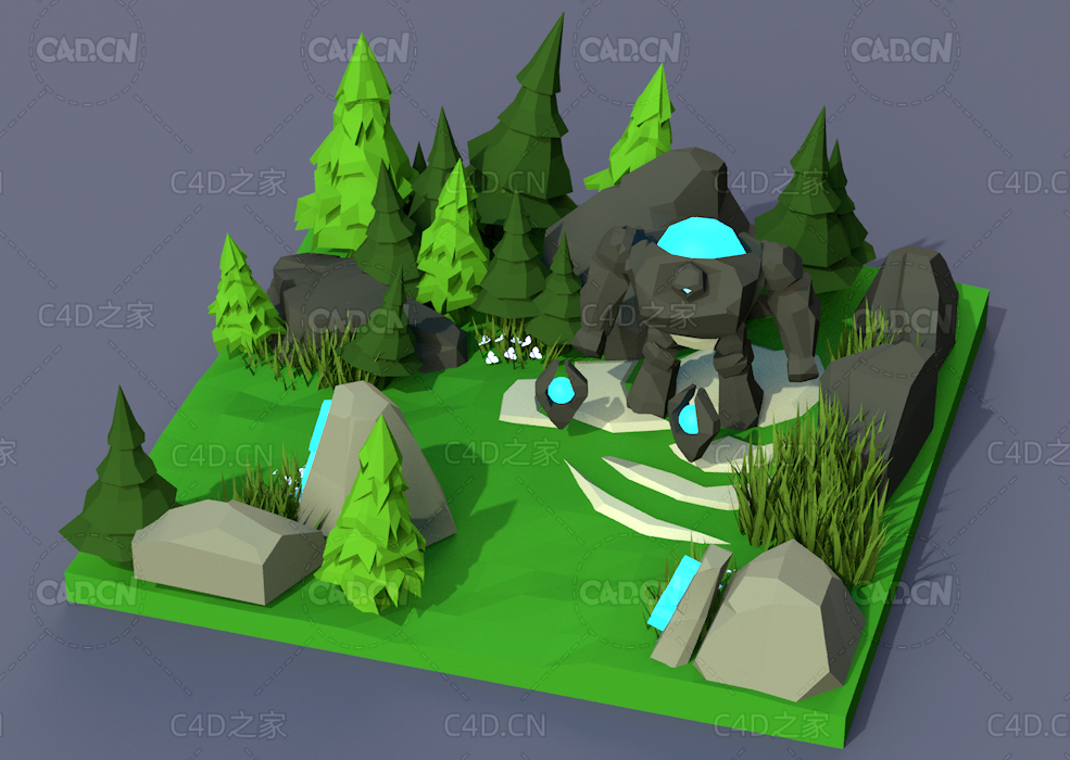 多边形低面卡通树木景观场景C4D模型