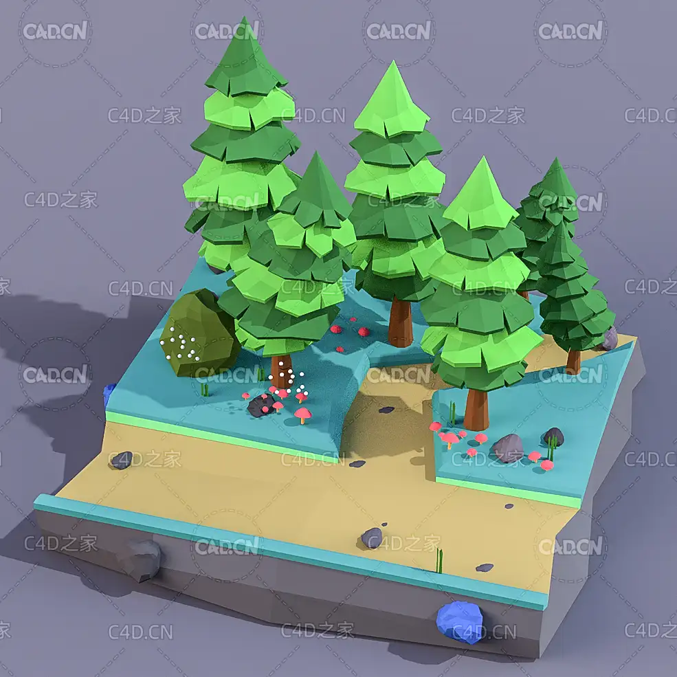 低多边形森林树场景C4D模型low poly forest trees scene