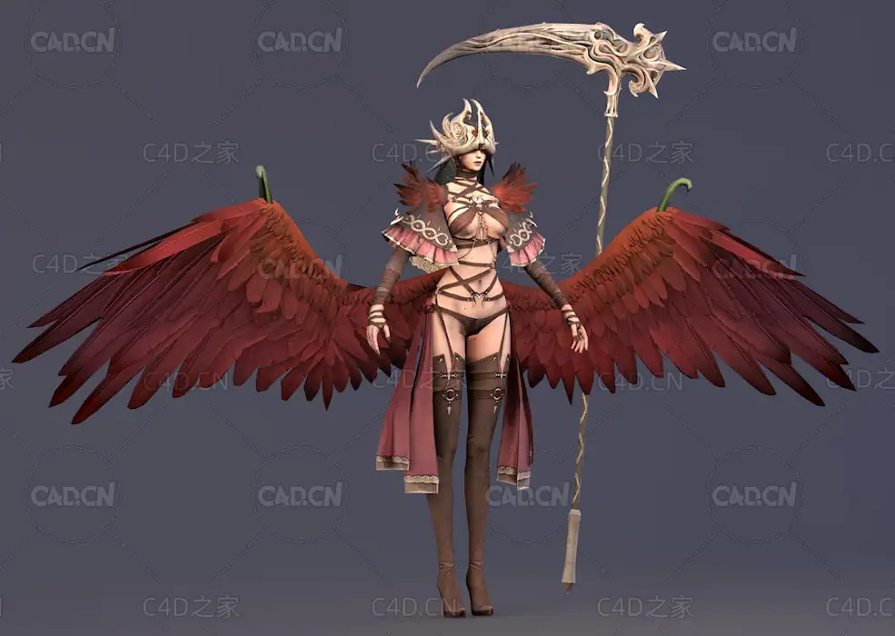 黑暗恶魔暗之恶魔长双翼的女巫师角色C4D模型Dark Arch Demon 3D Model