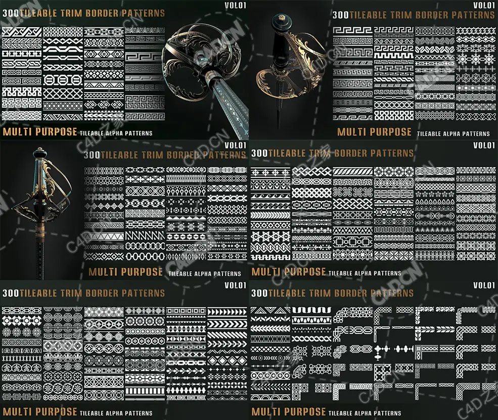 300个平铺边框艺术花边转角装饰300 tileable trim border patterns-alpha brush-vol01 - C4D之家 - 未标题-1.jpg