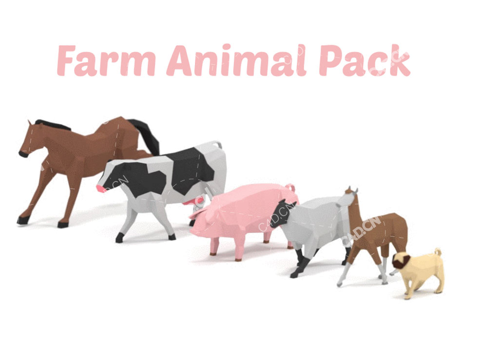 7个卡通低面多边形农场动物C4D模型Farm Animals(母牛马羊驼猪帕格犬羊斑马)