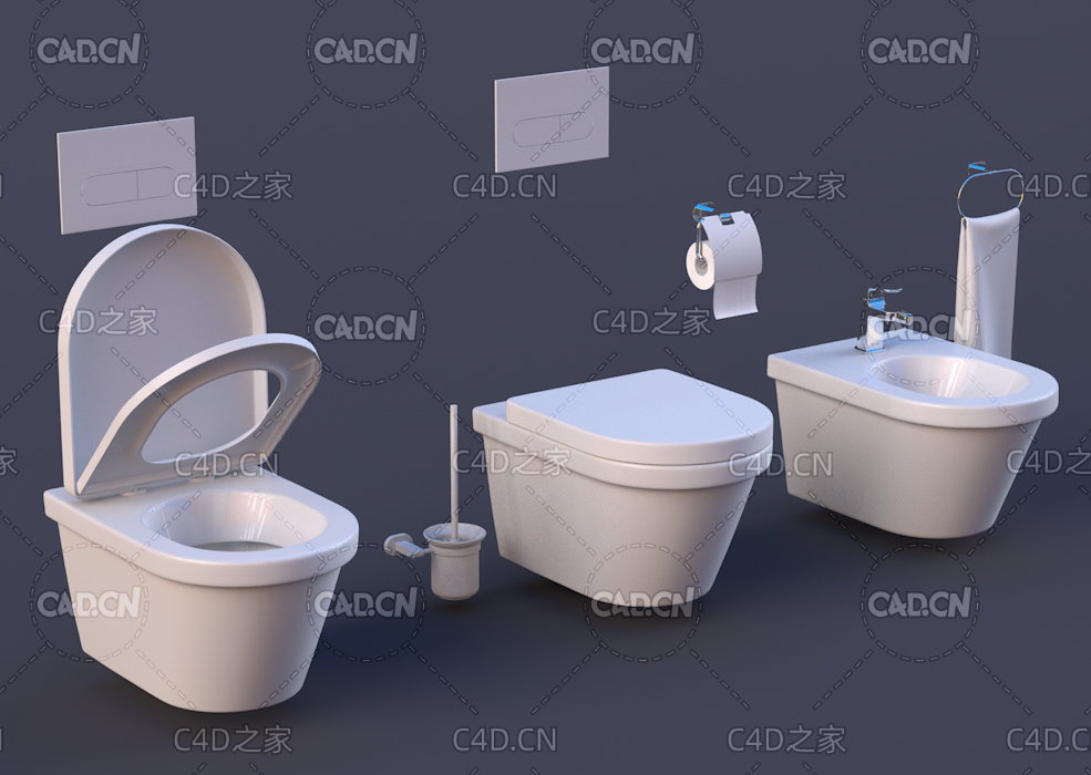 卫生间镀铬马桶坐浴盆厕纸毛巾马桶刷子C4D模型RAVAK Chrome toilet and bidet