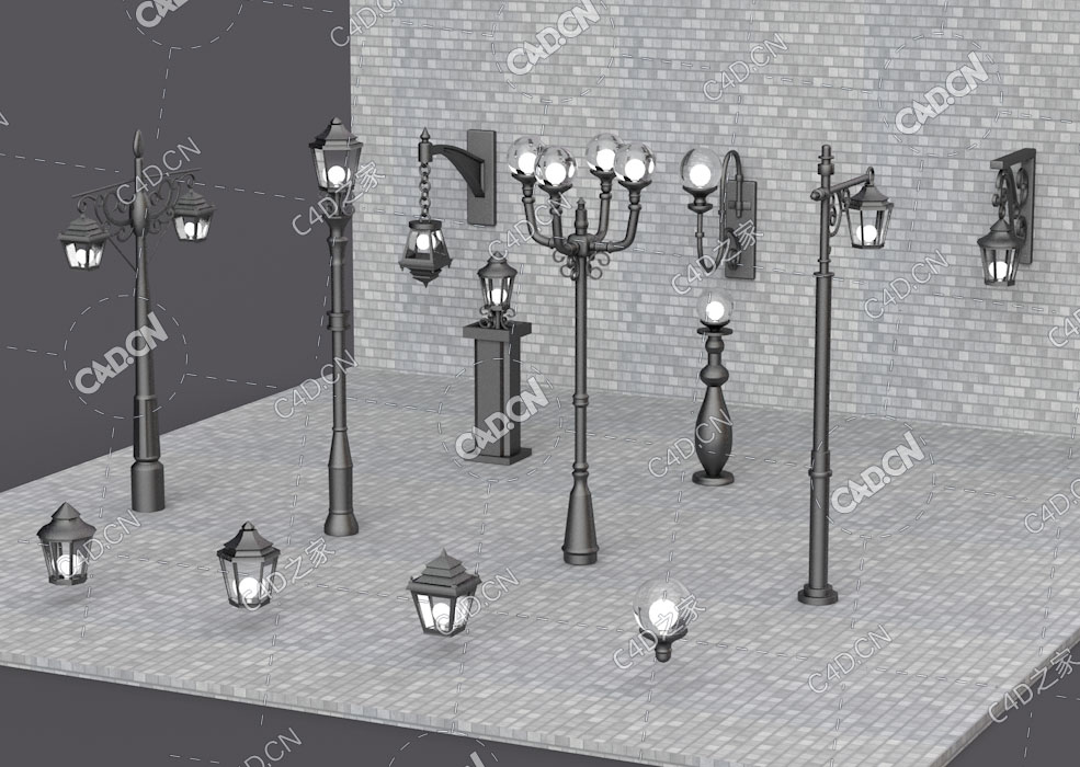 13个欧式户外路灯壁灯草坪灯道路照明灯C4D模型 - C4D之家 - C4D.jpg