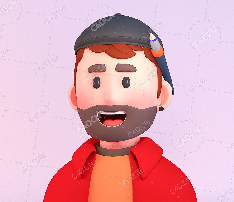 戴帽子的大胡子画家艺术家卡通人物头像C4D模型ARTIST