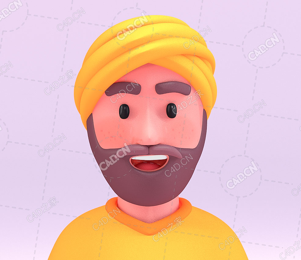 头上缠毛巾的印度男人卡通人物头像C4D模型Indian Man - C4D之家 - C4D.jpg