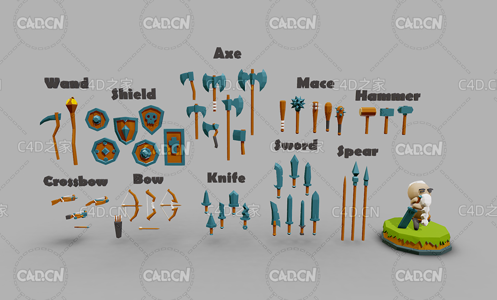 低面多边形游戏武器道具C4D模型盾牌弓箭斧头剑刀长枪狼牙棒锤子弓弩WeaponFantasy - C4D之家 - 71.jpg