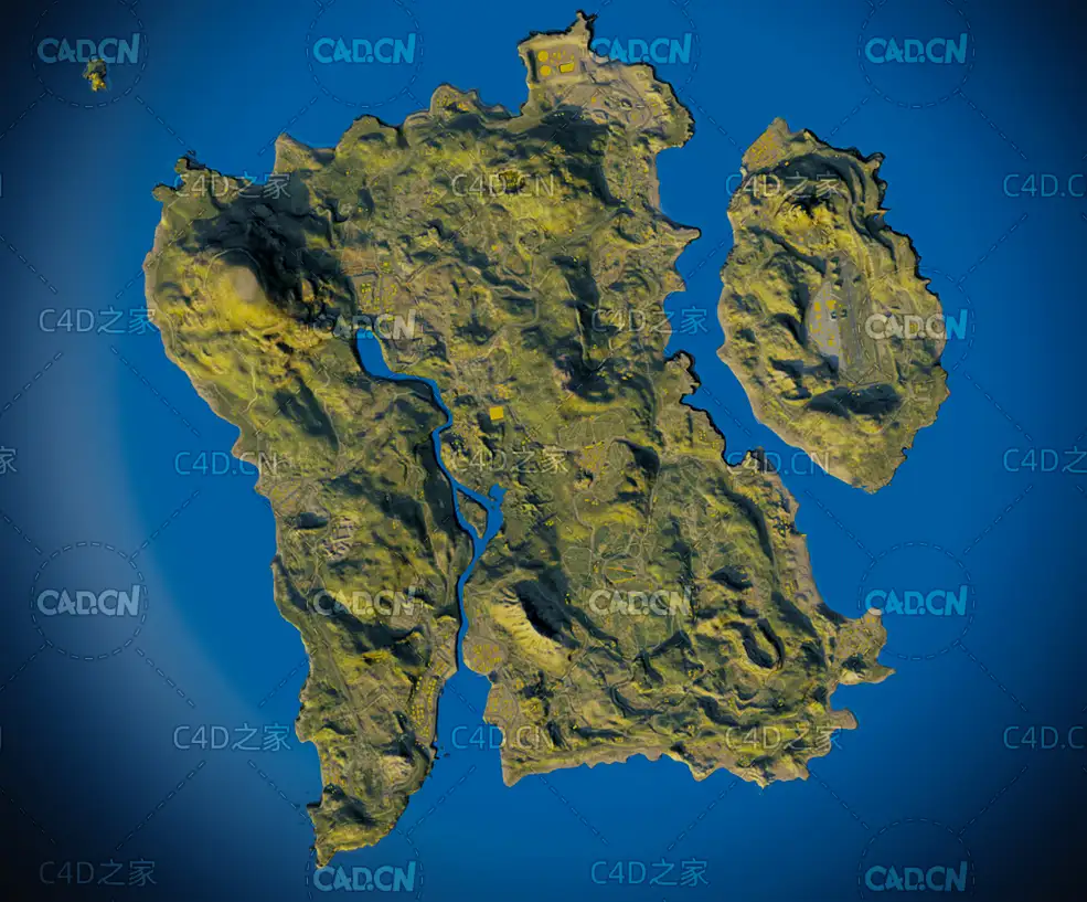 绝地球星海岛卫星鸟瞰地图地形C4D模型map_PUBG_color