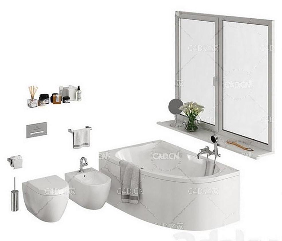 卫生间物品马桶浴缸窗户化妆品毛巾C4D模型Bathroom Set 2 Part 2 - C4D之家 - 5.jpg