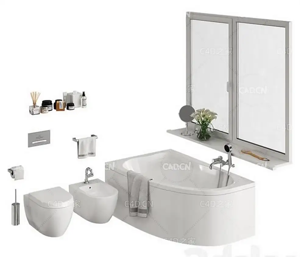 卫生间物品马桶浴缸窗户化妆品毛巾C4D模型Bathroom Set 2 Part 2 - C4D之家 - 5.jpg