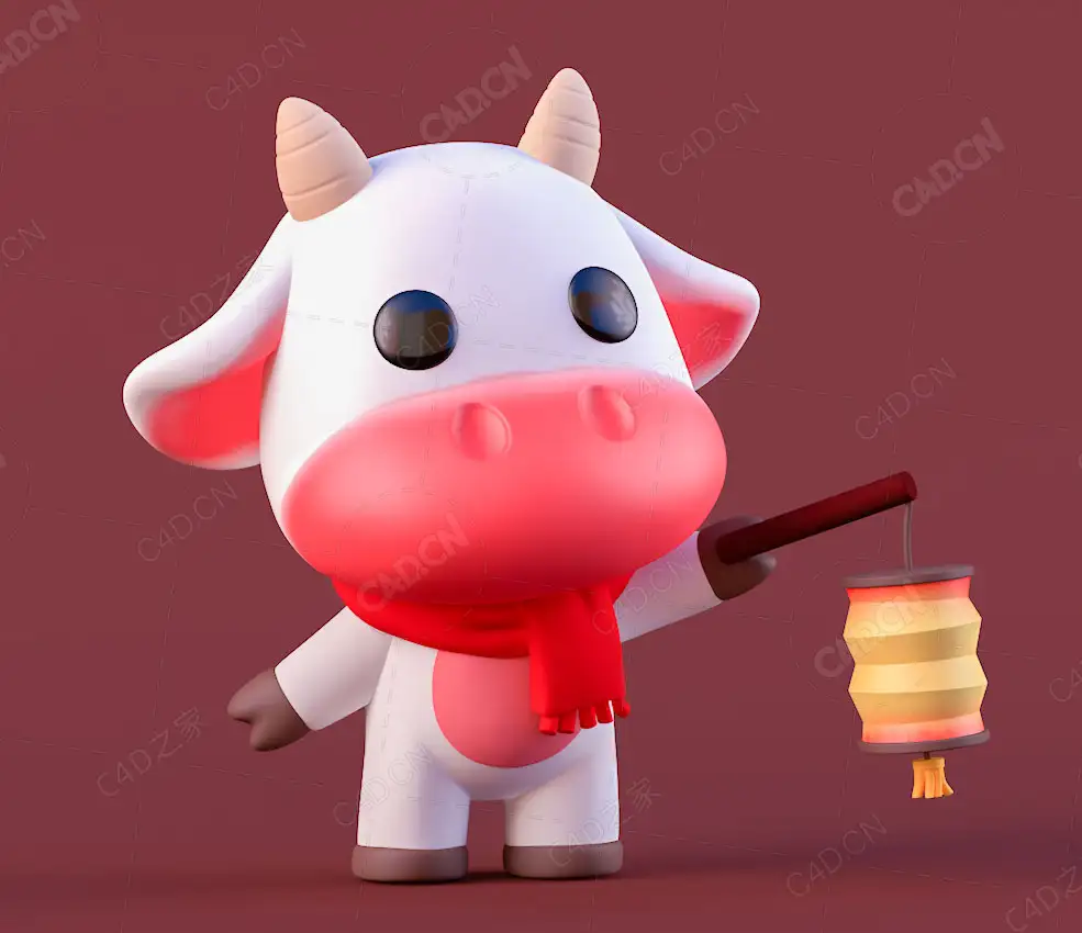 系围巾打灯笼的小牛卡通IP角色C4D模型