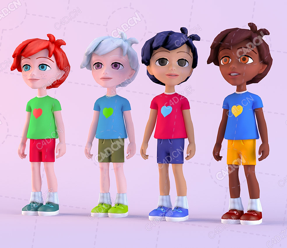 4个不同颜色服装的儿童卡通人物C4D模型kidTweakCamera