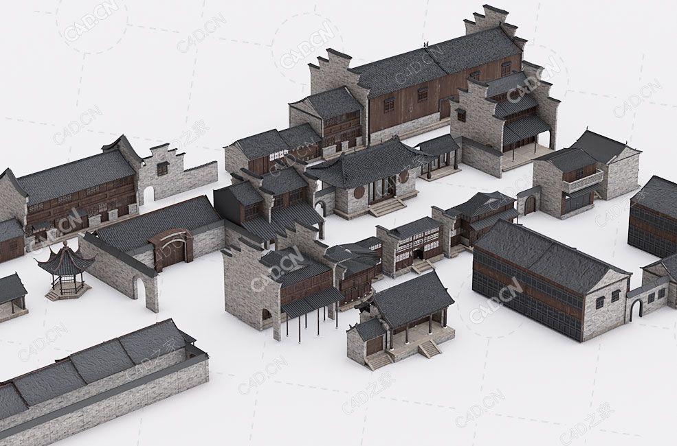 中式古建筑群古镇明清街道房子C4D模型