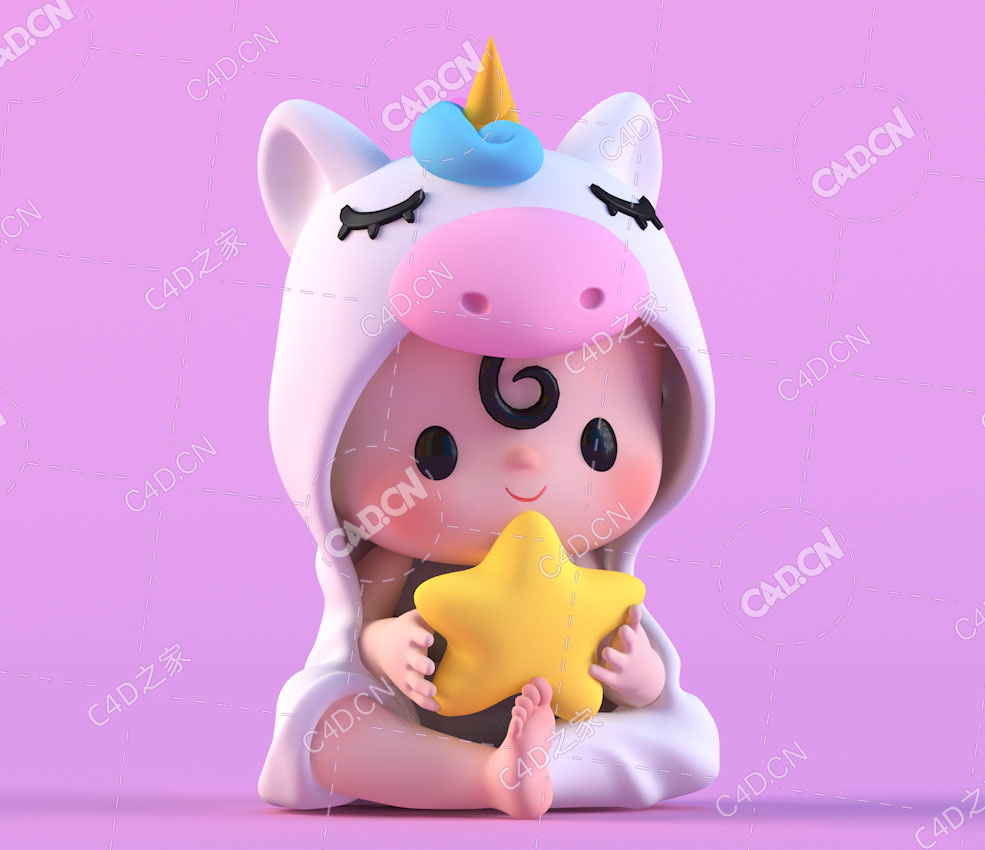 坐地上抱星星的独角兽睡衣宝宝卡通小孩角色C4D模型 - C4D之家 - C4D.jpg