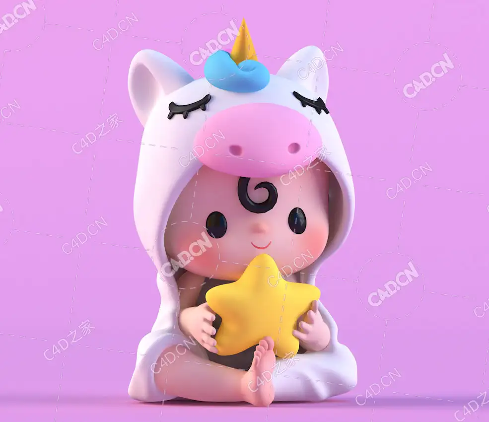 坐地上抱星星的独角兽睡衣宝宝卡通小孩角色C4D模型