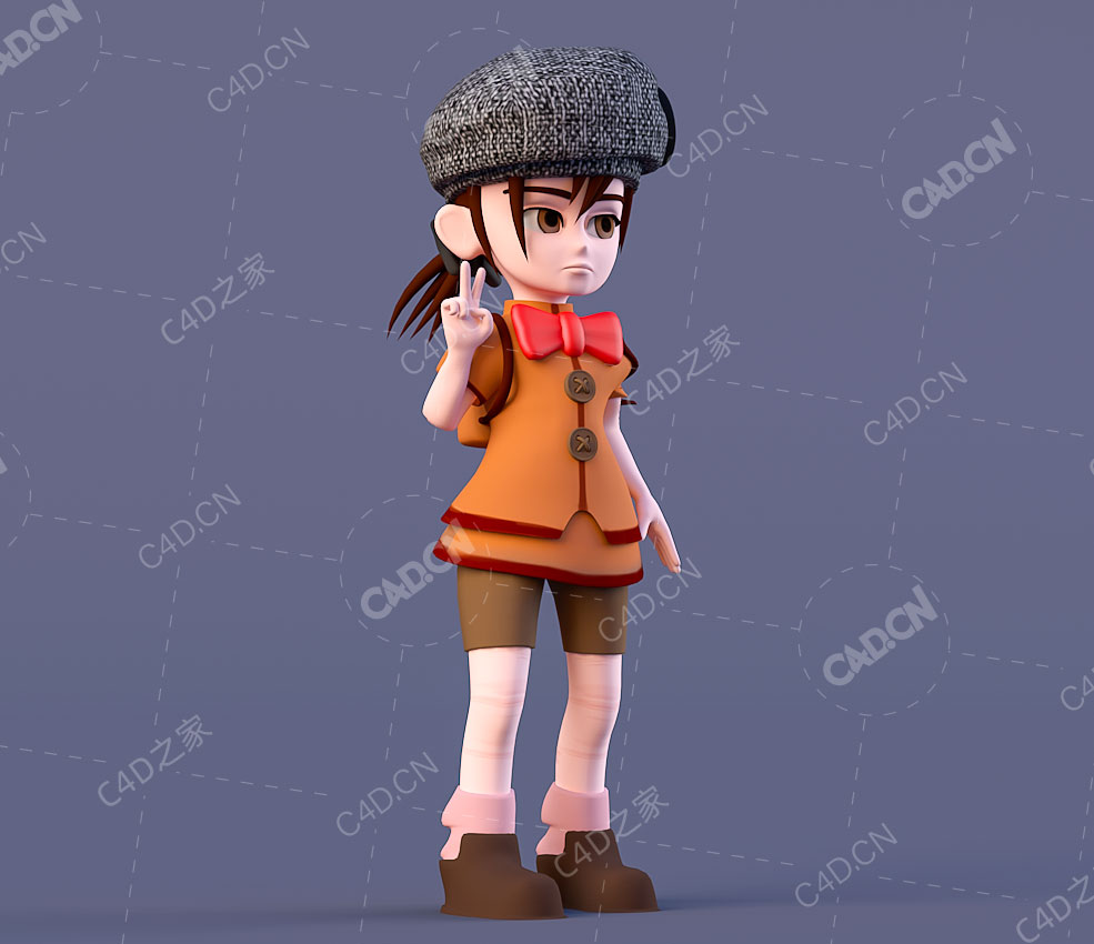 右手比耶的女孩卡通小学生人物角色C4D模型tuff girl