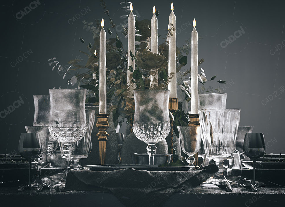 桌子上的餐具模型酒杯盘子蜡烛叉子勺子酒壶插花C4D白模