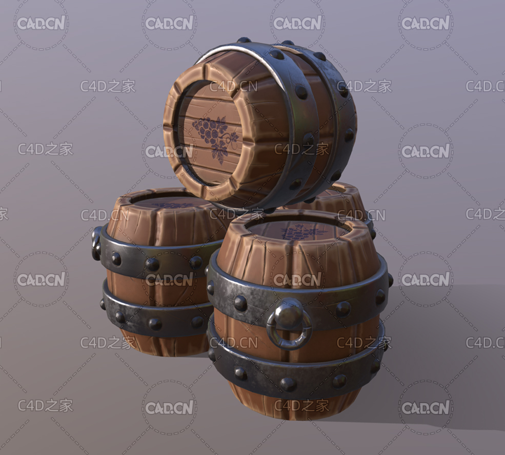 四个卡通葡萄酒酒桶模型barrels - C4D之家 - 90.jpg