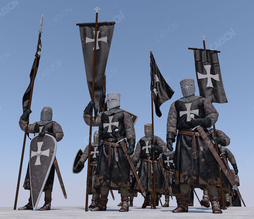 举旗戴头盔的中世纪十字军队骑士士兵Knights