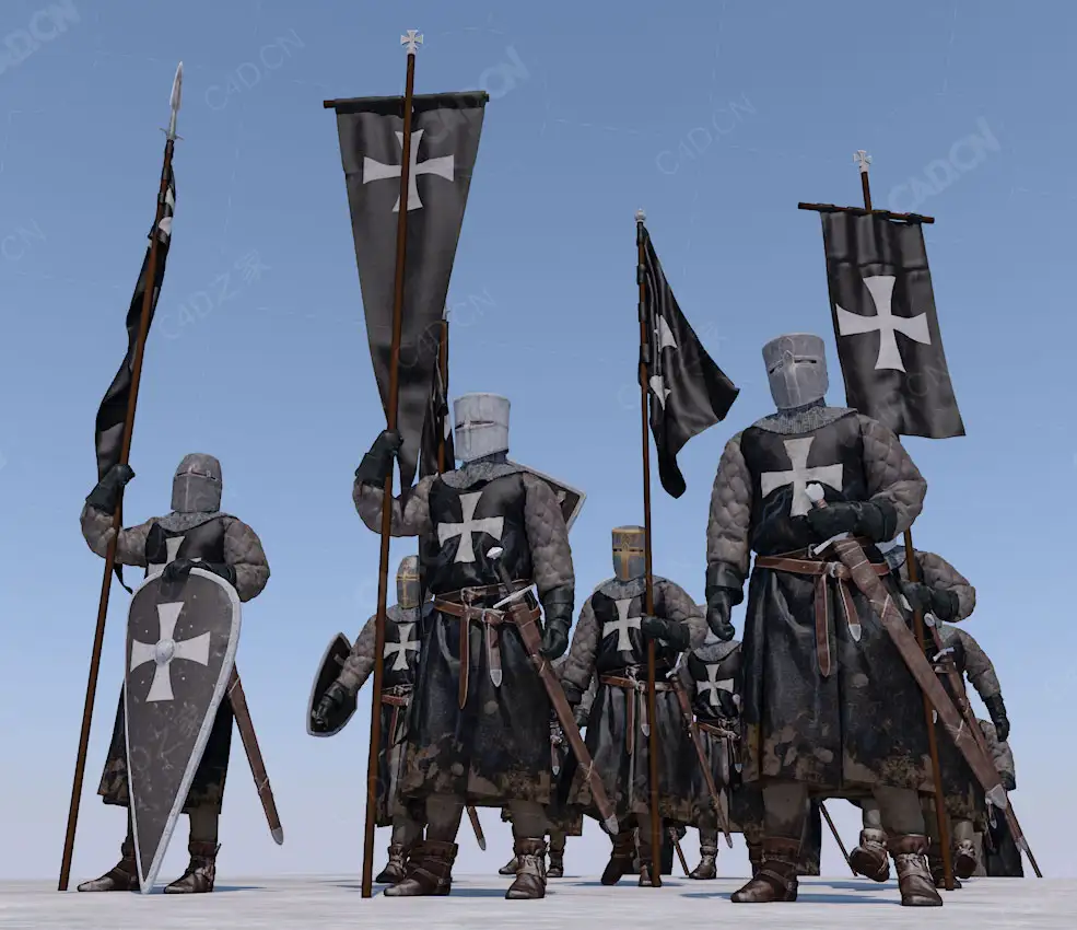 举旗戴头盔的中世纪十字军队骑士士兵Knights