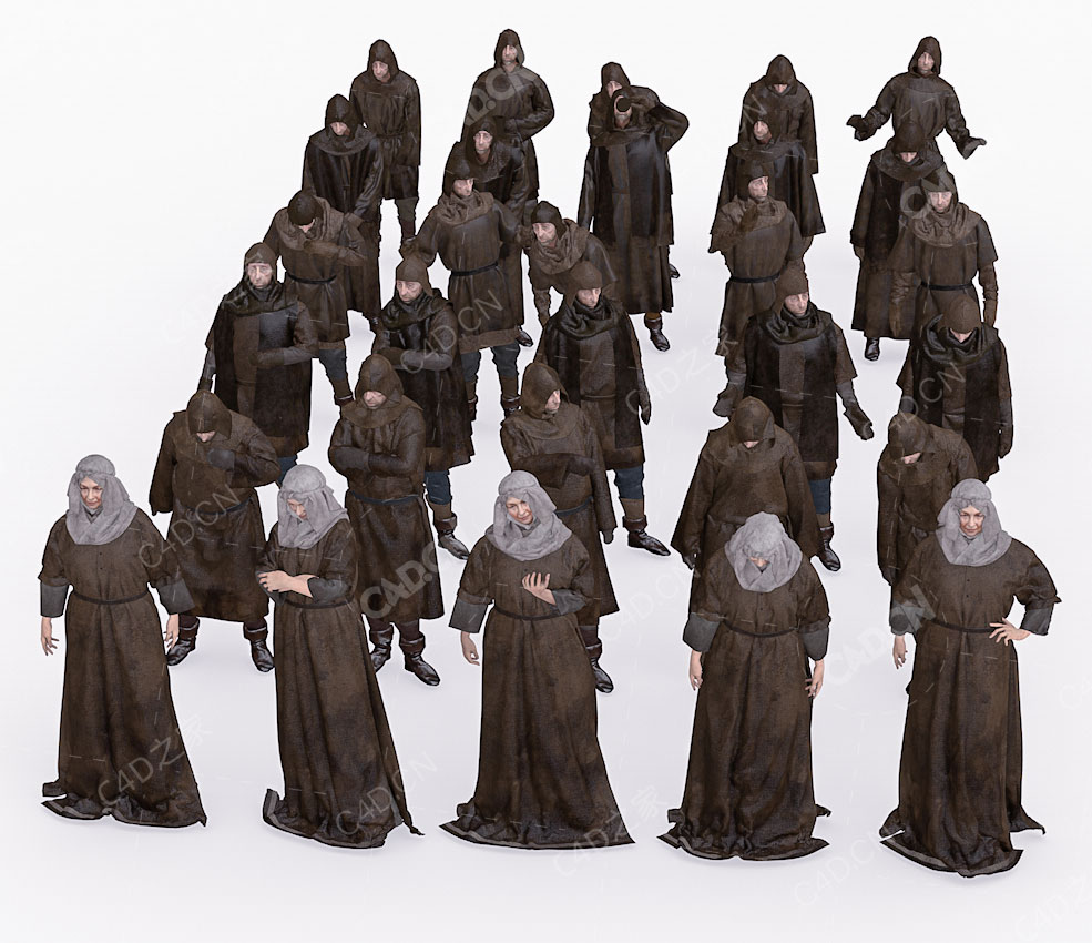 30个中世纪普通百姓戴帽子的农民传教士外国人C4D模型Peasants packed