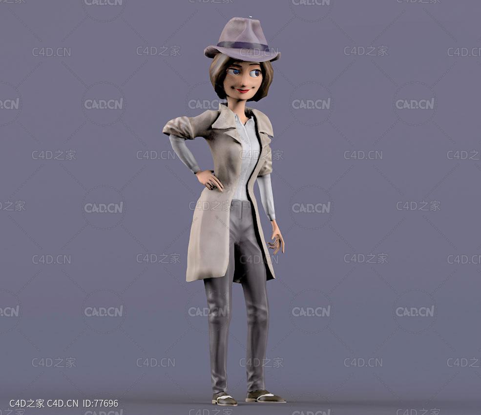 戴帽子穿风衣叉腰的女性卡通人物角色模型pi-girl