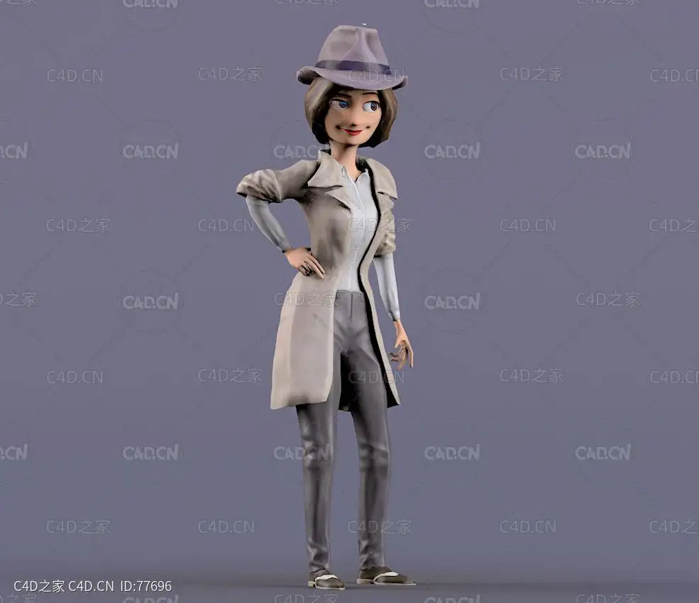 戴帽子穿风衣叉腰的女性卡通人物角色模型pi-girl