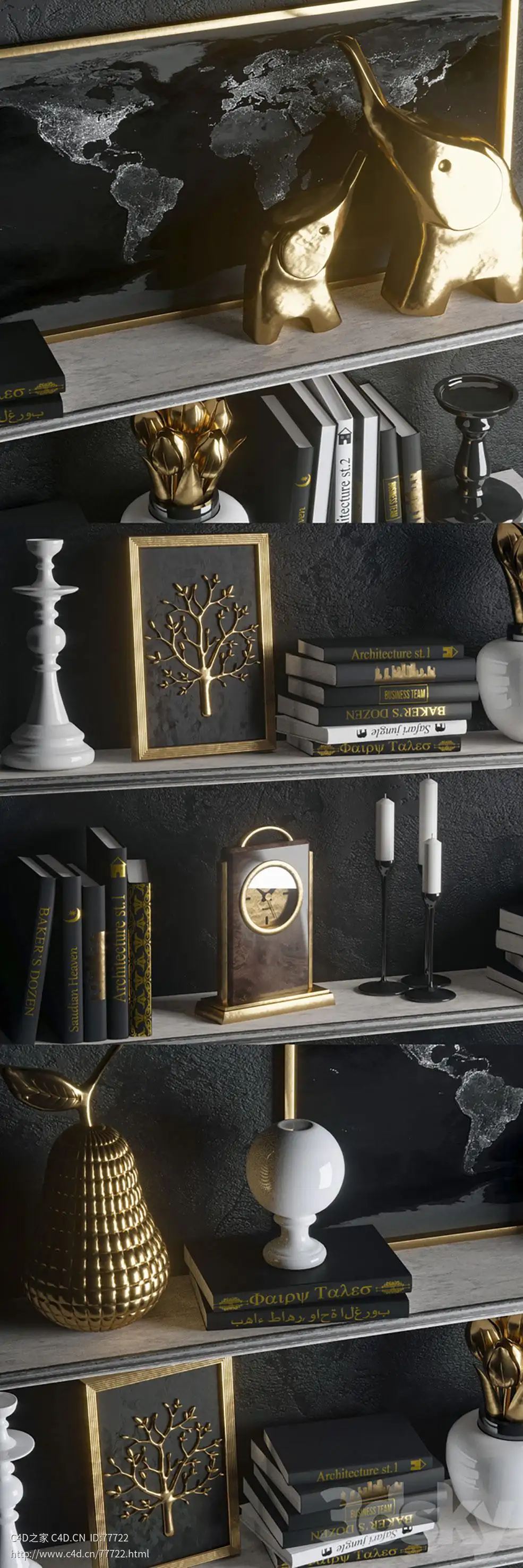 书架书籍工艺品室内摆件物品3D模型 Strict in Gold 3D Model (MAX/3DS/FBX/OBJ/C4D/LWO格式)