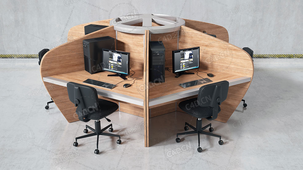 C4D电脑学习桌六边形电脑桌办公桌电脑桌椅旋转椅电脑主机机箱显示器键盘鼠标三维模型 - C4D之家 - AM228_009_render.jpg